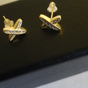 New Gold Tone Plated Brass Pave X Stud Earrings